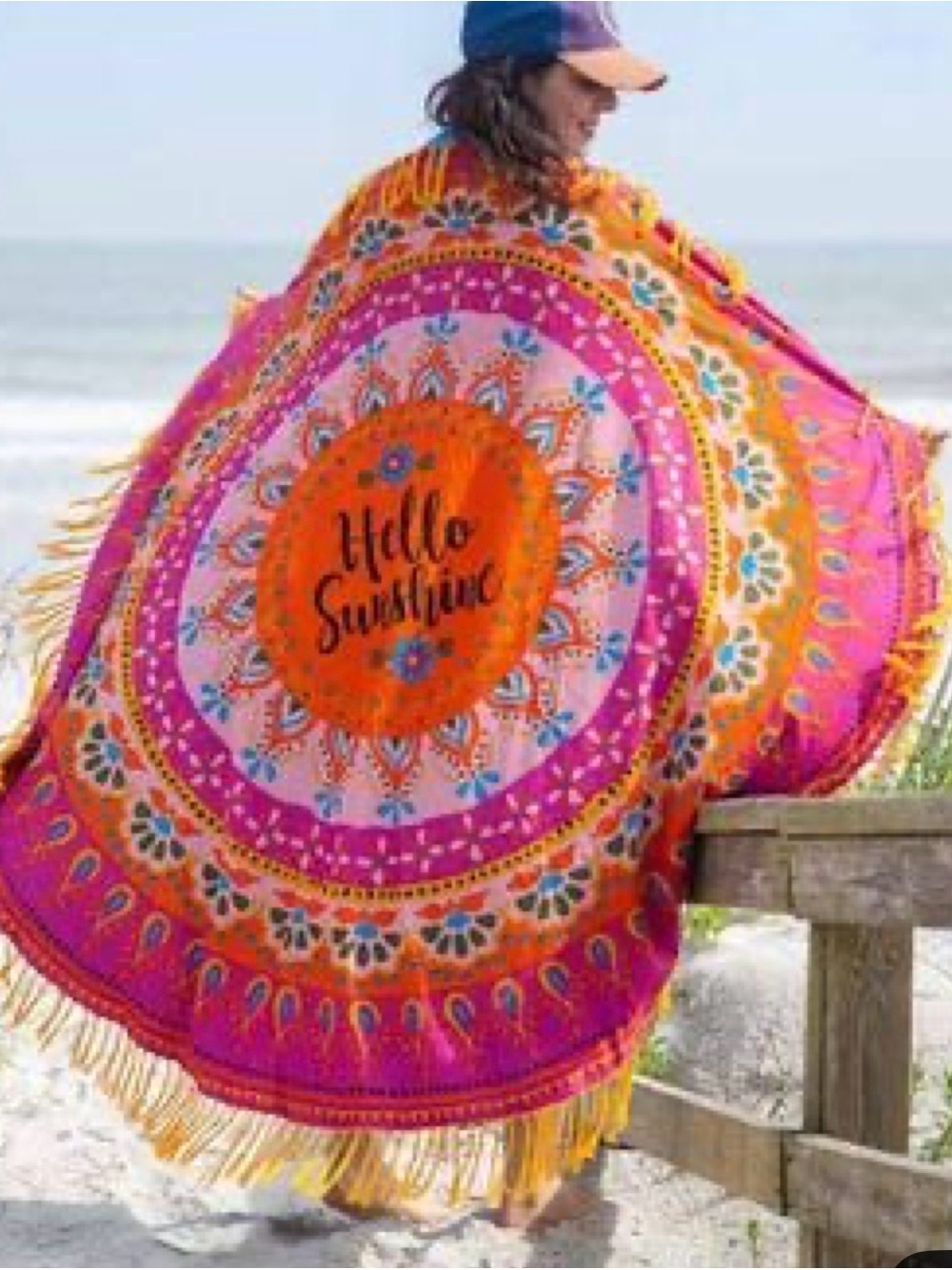 Natural Life Hello Sunshine Round Beach Towel/Picnic Blanket Boho Fringe 60”